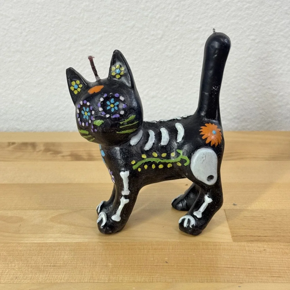 Day of the Dead Black Cat Skeleton Candle Hand Painted Dia de los Muertos Decor